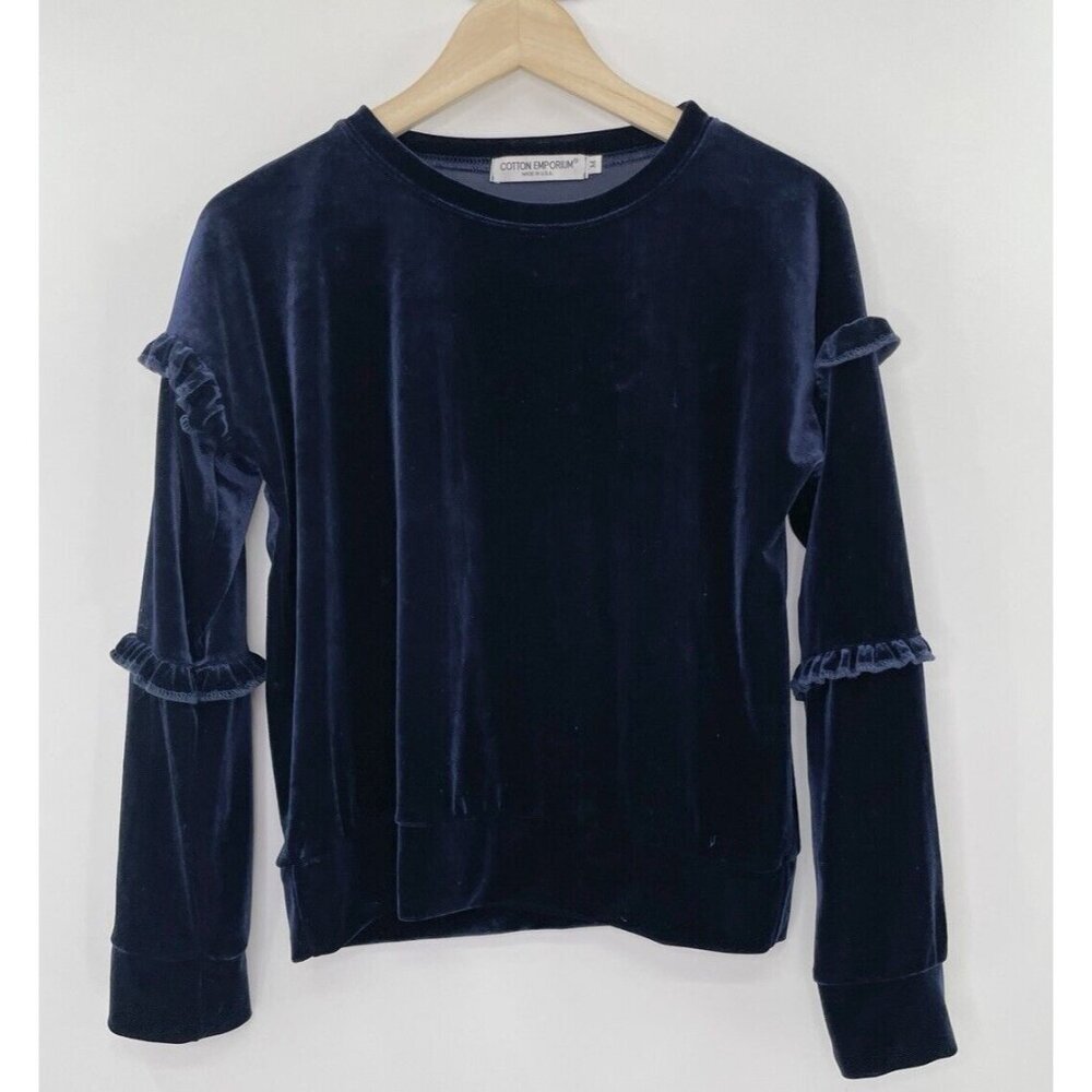 Cotton Emporium Women’s Navy Blue Velvet Ruffles Sweater Size M. Made In USA